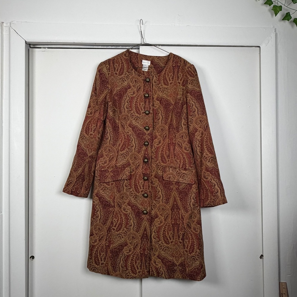 Newport News Womens Paisley Tapestry Longline Coat Rust Gold Brocade Jacket 16